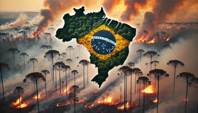 Incêndios florestais no Brasil: Floresta brasileira em chamas, com a silhueta do mapa do Brasil integrada à fumaça e ao fogo, simbolizando os impactos devastadores dos incêndios florestais no país.