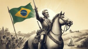 Ilustração de Dom Pedro I montado a cavalo, segurando uma espada com uma mão e fazendo um gesto de declaração com a outra, simbolizando a Independência do Brasil. Ao fundo, a bandeira do Brasil balança ao vento, com um céu claro e detalhes sutis da paisagem rural. A imagem transmite a importância histórica do evento e desperta curiosidade sobre os aspectos menos conhecidos da independência.