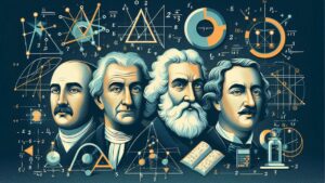 Imagem destacada do artigo sobre matemáticos famosos, com Pitágoras em destaque central, rodeado por Isaac Newton, Leonhard Euler e Carl Friedrich Gauss. Cada matemático é representado com um símbolo de suas principais contribuições: o Teorema de Pitágoras, o cálculo, a fórmula de Euler e a teoria dos números, em um design moderno e vibrante.