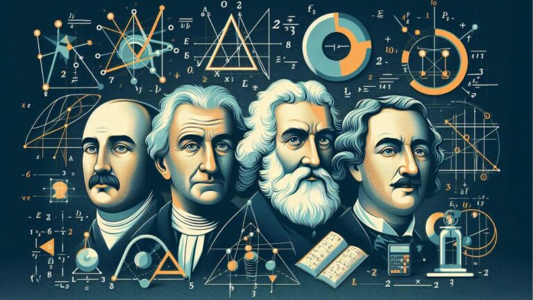 Imagem destacada do artigo sobre matemáticos famosos, com Pitágoras em destaque central, rodeado por Isaac Newton, Leonhard Euler e Carl Friedrich Gauss. Cada matemático é representado com um símbolo de suas principais contribuições: o Teorema de Pitágoras, o cálculo, a fórmula de Euler e a teoria dos números, em um design moderno e vibrante.