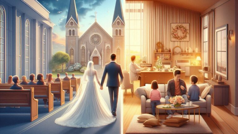 Imagem dividida ao meio comparando união estável e casamento. À esquerda, um casal em uma cerimônia de casamento formal, com um fundo de igreja ou salão de eventos. À direita, um casal vivendo junto de forma descontraída em casa, com um ambiente doméstico acolhedor. A imagem destaca a diferença entre a formalidade do casamento e a informalidade da união estável.